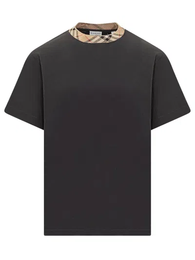 Burberry Black Cotton T-shirt With Check Finishes Men In Black