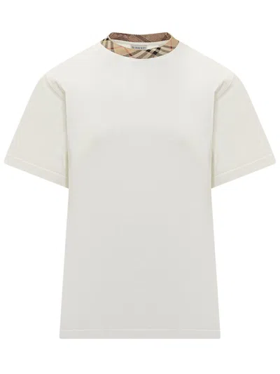 Burberry White Crewneck T-shirt With Check Motif On The Collar In Cotton Man In White