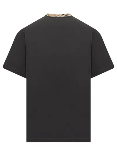 Burberry Black Cotton T-shirt With Check Finishes Men In Black