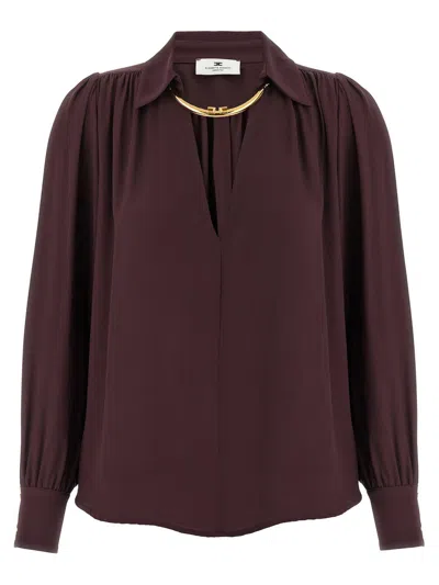 Elisabetta Franchi Jewel Detailed Georgette Blouse In Brown