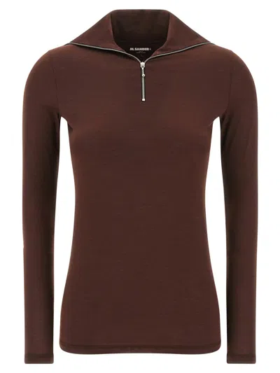 Jil Sander Half-zip T-shirt High Collar In Brown