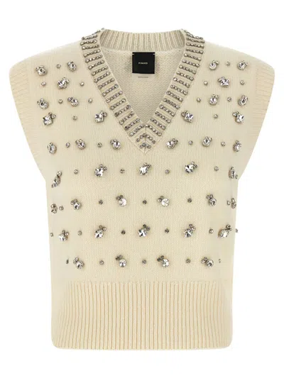 Pinko White Rhinestone Knitted Vest In Neutral