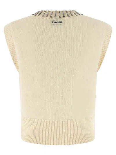Pinko White Rhinestone Knitted Vest In Neutral