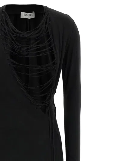 Attico Asymmetrical V-neck Dress With Flared Train In Black