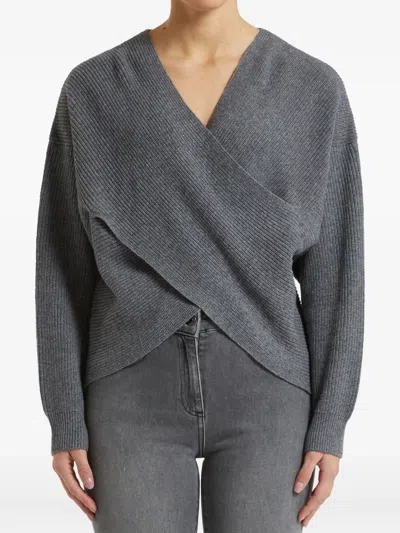 Pennyblack Urial Cross-front Ribbed Sweater In Gray