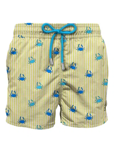 Mc2 Saint Barth Crab-print Striped Swim Shorts In Yellow