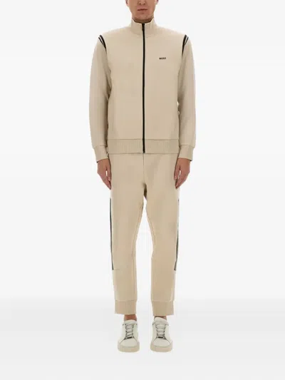 Hugo Boss Boss Zip-up Activewear Set With Contrasting Stripes In Brown