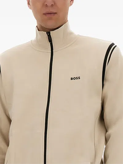 Hugo Boss Boss Zip-up Activewear Set With Contrasting Stripes In Brown