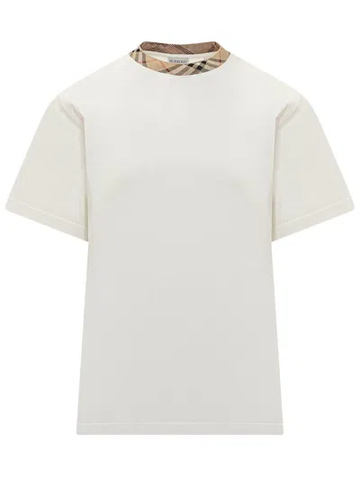 Burberry White Crewneck T-shirt With Check Motif On The Collar In Cotton Man In White