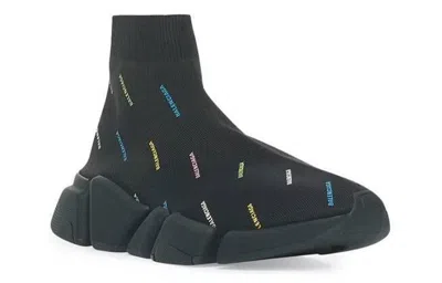 Balenciaga Speed 2.0 Sneakers 'recycled Knit Black With Multicolor Allover Logo'