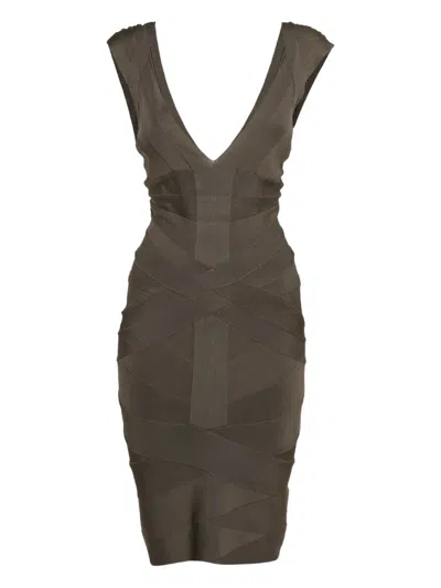 Pre-owned Herve Leger Bandage V-neck Dress In Brown