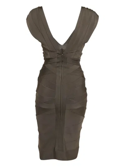 Pre-owned Herve Leger Bandage V-neck Dress In Brown