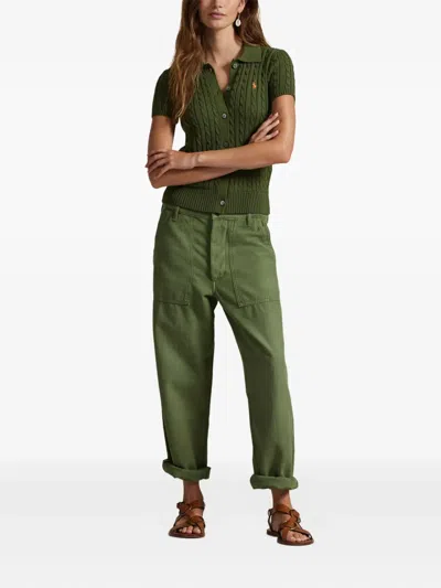 Polo Ralph Lauren Womens Supply Olive Logo-embroidered Short-sleeved Cotton-knit Cardigan In Green
