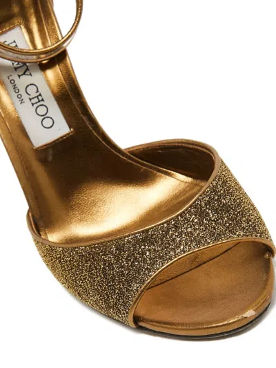 Pre-owned Jimmy Choo 100mm Glitter Buckle Sandals In Gold