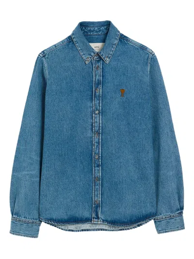 Ami Alexandre Mattiussi Adc Button-down Collar Logo-embroidered Denim Shirt In Blue