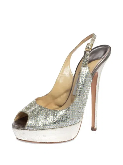 Pre-owned Jimmy Choo 155mm Glitter Slingback Sandals In Silver