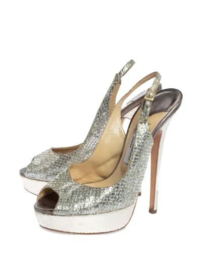 Pre-owned Jimmy Choo 155mm Glitter Slingback Sandals In Silver
