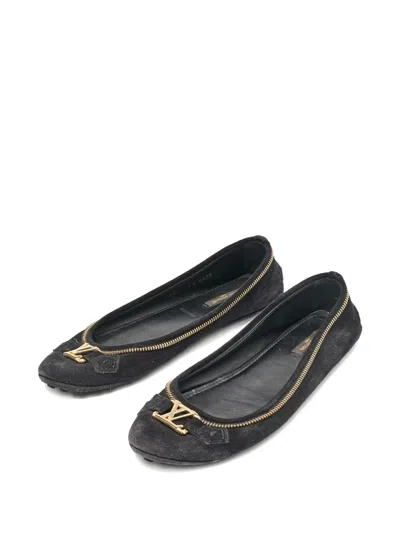 Pre-owned Louis Vuitton Zip-trim Suede Ballet Flats In Black