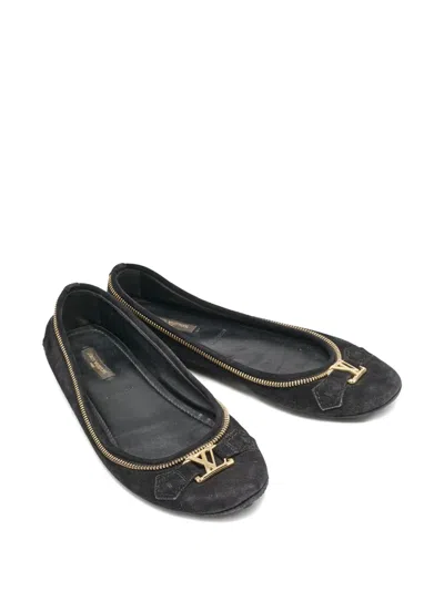 Pre-owned Louis Vuitton Zip-trim Suede Ballet Flats In Black
