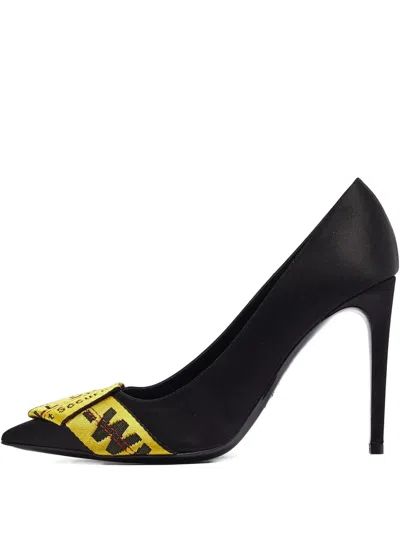 Pre-owned Off-white 110mm Ribbon-detail Satin Pumps In Black
