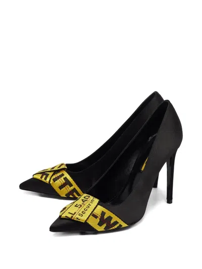 Pre-owned Off-white 110mm Ribbon-detail Satin Pumps In Black