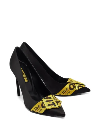 Pre-owned Off-white 110mm Ribbon-detail Satin Pumps In Black