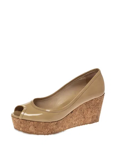 Pre-owned Jimmy Choo 75mm Patent Leather Cork Wedge Pumps