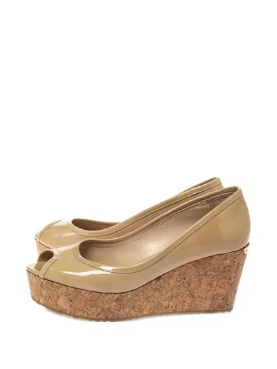 Pre-owned Jimmy Choo 75mm Patent Leather Cork Wedge Pumps