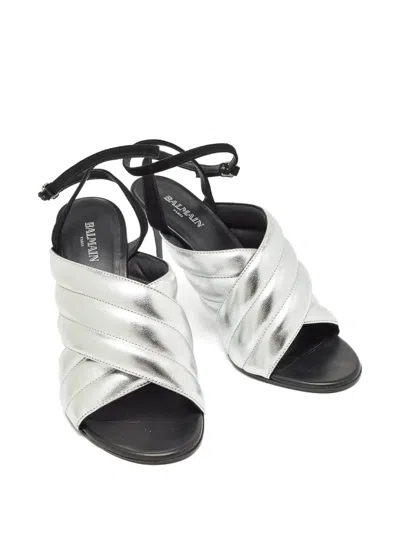 Pre-owned Balmain 100mm Quilted Leather Sandals In Silver