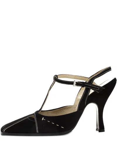 Pre-owned Prada 105mm Suede T-strap Pumps In Black