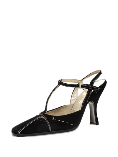 Pre-owned Prada 105mm Suede T-strap Pumps In Black
