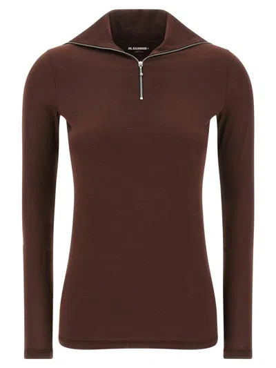 Jil Sander Half-zip T-shirt High Collar In Brown