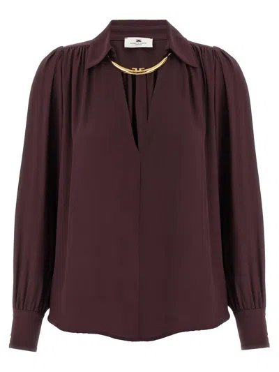 Elisabetta Franchi Jewel Detailed Georgette Blouse In Brown