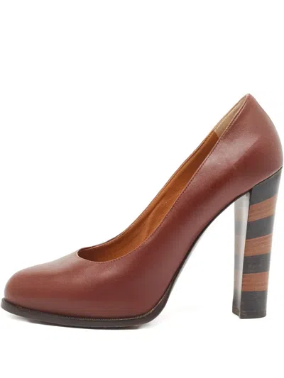 Pre-owned Fendi 130mm Leather Striped-heel Pumps In Red