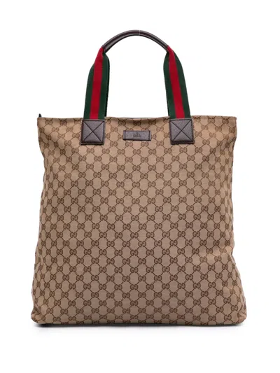 Pre-owned Gucci 2016-2025 Gg Canvas Web Tote Bag In Brown