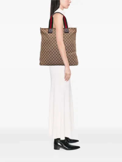 Pre-owned Gucci 2016-2025 Gg Canvas Web Tote Bag In Brown