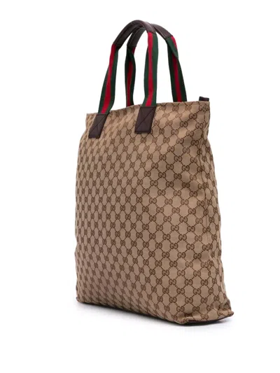 Pre-owned Gucci 2016-2025 Gg Canvas Web Tote Bag In Brown