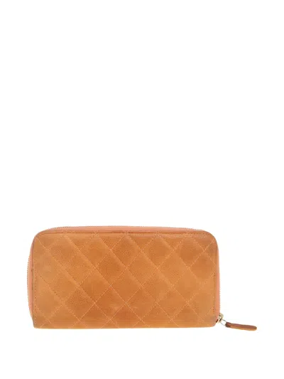 Pre-owned Chanel Suede Quilted Wallet In Orange
