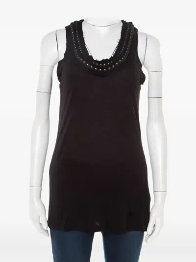 Pre-owned Lanvin Beaded-neckline Raw-edge Top In Blue