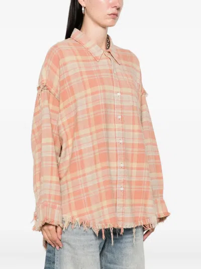 R13 Shredded Seam Drop Neck Plaid Flannel Button-up Shirt In Gold