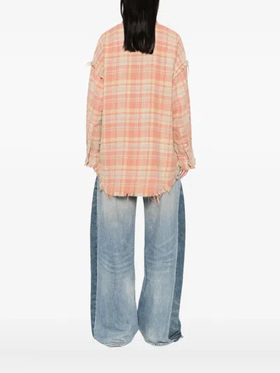 R13 Shredded Seam Drop Neck Plaid Flannel Button-up Shirt In Gold
