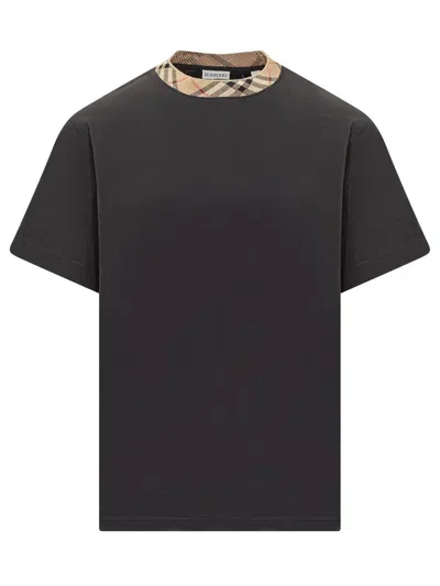 Burberry Black Cotton T-shirt With Check Finishes Men
