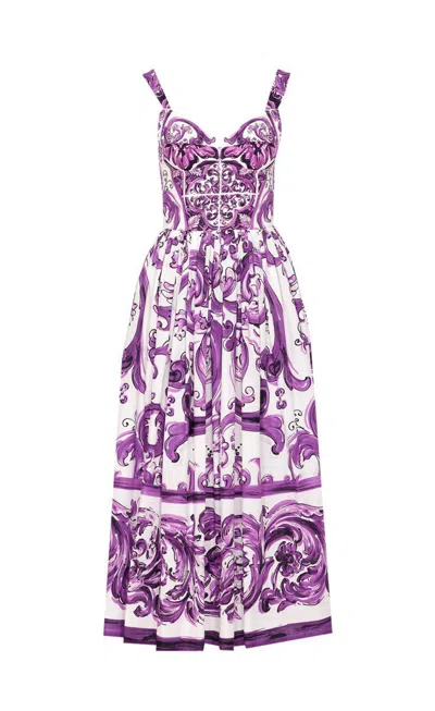 Dolce & Gabbana Long Poplin Dress With Majolica Print In Purple