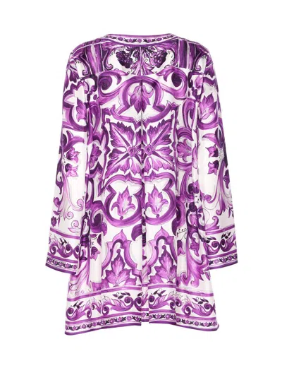 Dolce & Gabbana Majolica Silk Twill Long-sleeve Mini Shift Dress In Purple