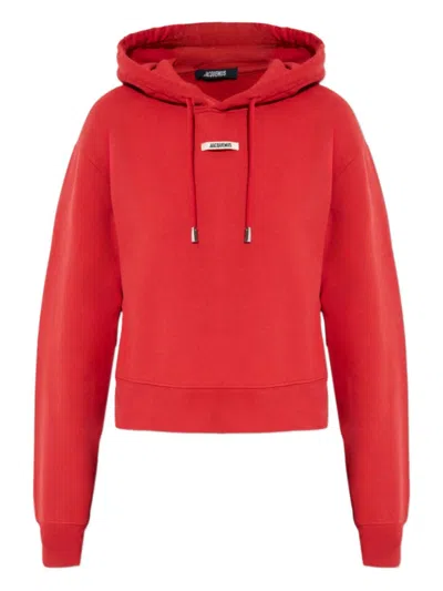 Jacquemus Cropped Hooded Drawstring Top In Red