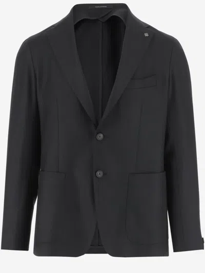 Tagliatore Single-breasted Stretch Wool Jacket With Welt Pockets And Reverse Spear Collar In Black