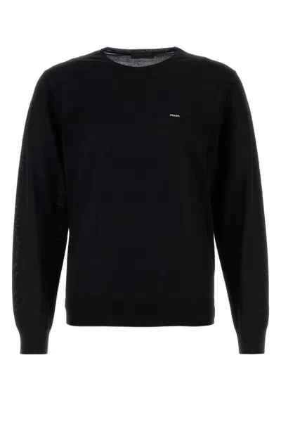 Prada Wool Crew Neck Sweater With Ribbed Cuffs In Black