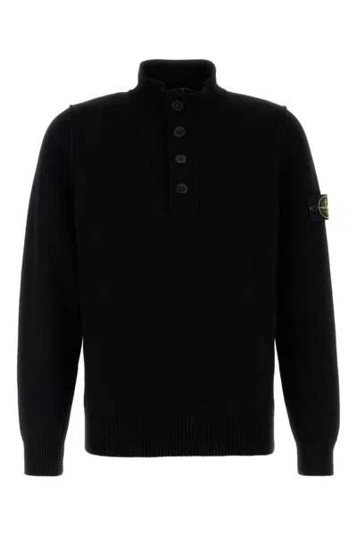 Stone Island High Collar Pullover With Buttoned Placket And Logo Patch In Black