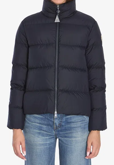 Moncler Puffer Jacket With High Collar And Pockets In Blue