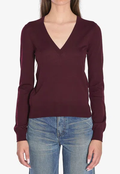 Saint Laurent Ribbed V-neck Knit Sweater With Long Sleeves In Animal Print